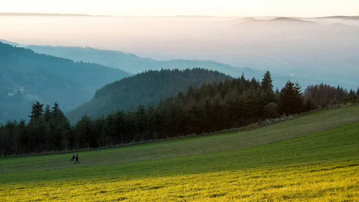 Photo d’illustration : Deux marcheurs dans les collines des Monts du Lyonnais.
