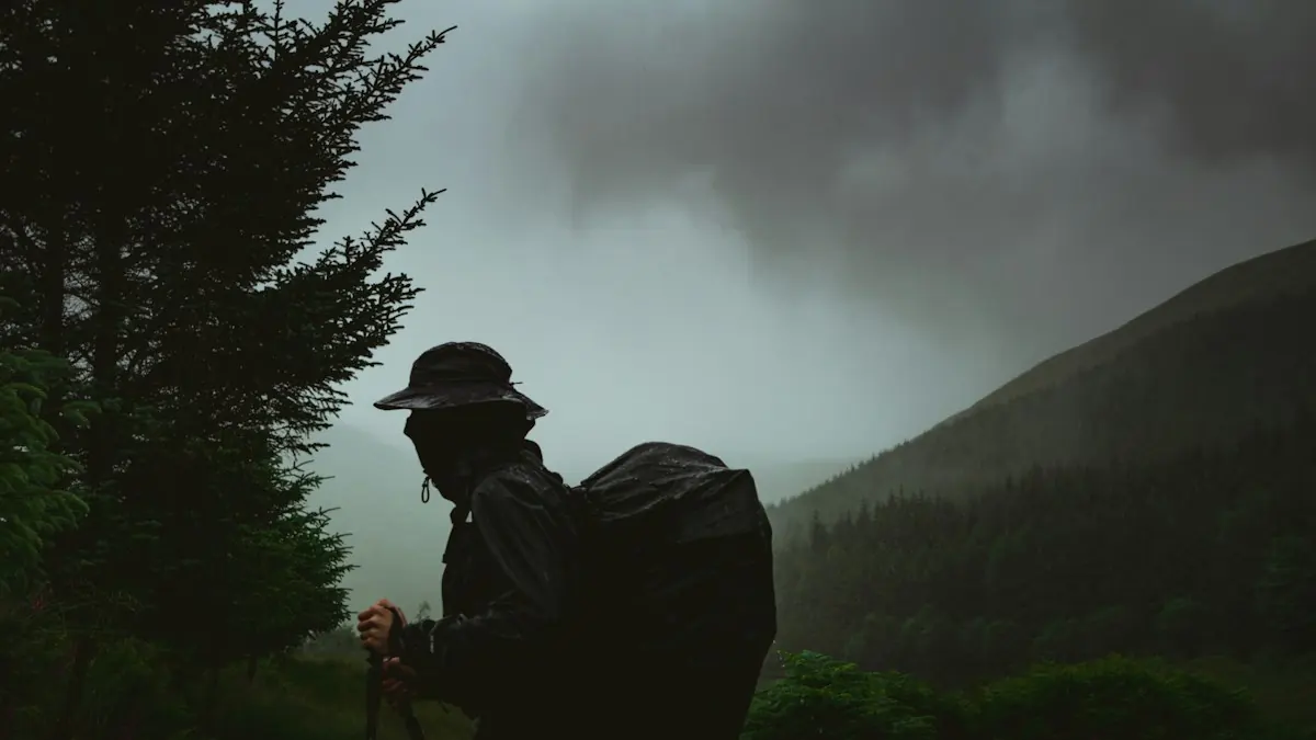 Un randonneur avance sur un sentier sous la pluie.